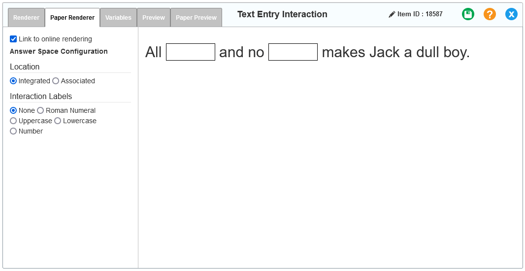 Text Entry interaction editor window: Embedded Text Entry: Paper Renderer tab